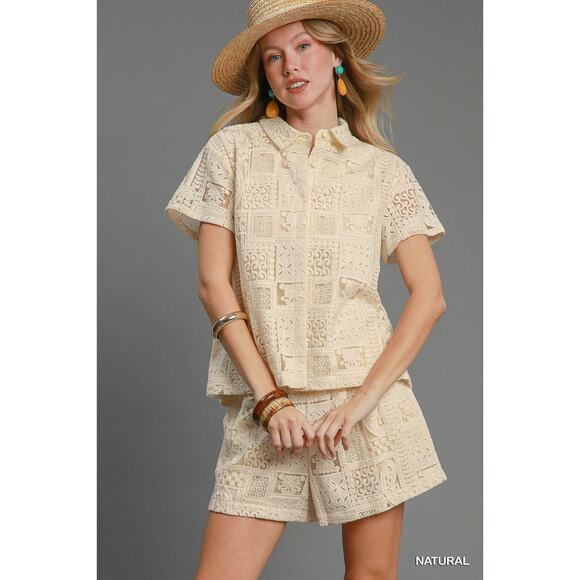 Umgee Lace Patches Detail Short Sleeves Button Down Relaxed Fit Shirt | Natural - Picture 2 of 7